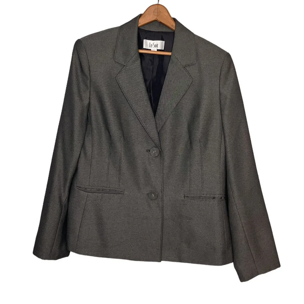 Le Suit‎ Size 12 Black Gray Tweed Polished Blazer Jacket Career Workwear Work
